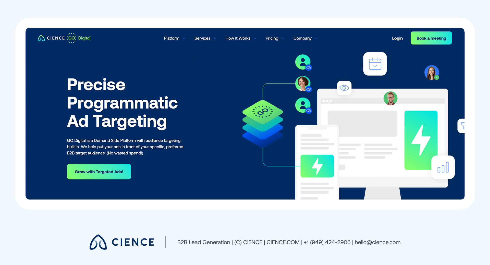 CIENCE GO Digital programmatic advertising platform interface showing B2B audience targeting filters